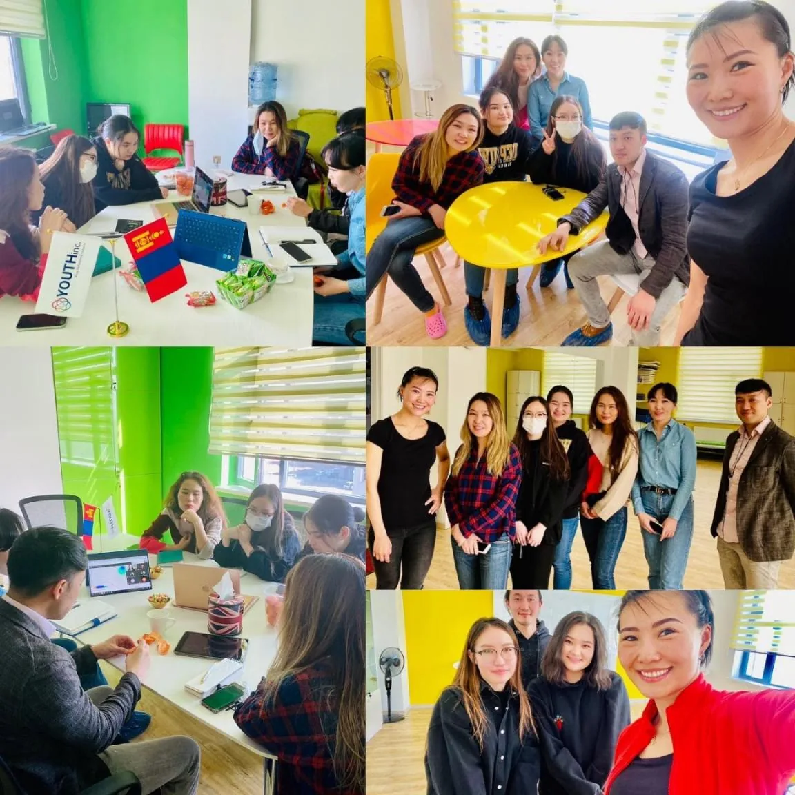 Interns working around the table in the YOUTHinc office, and together after a session