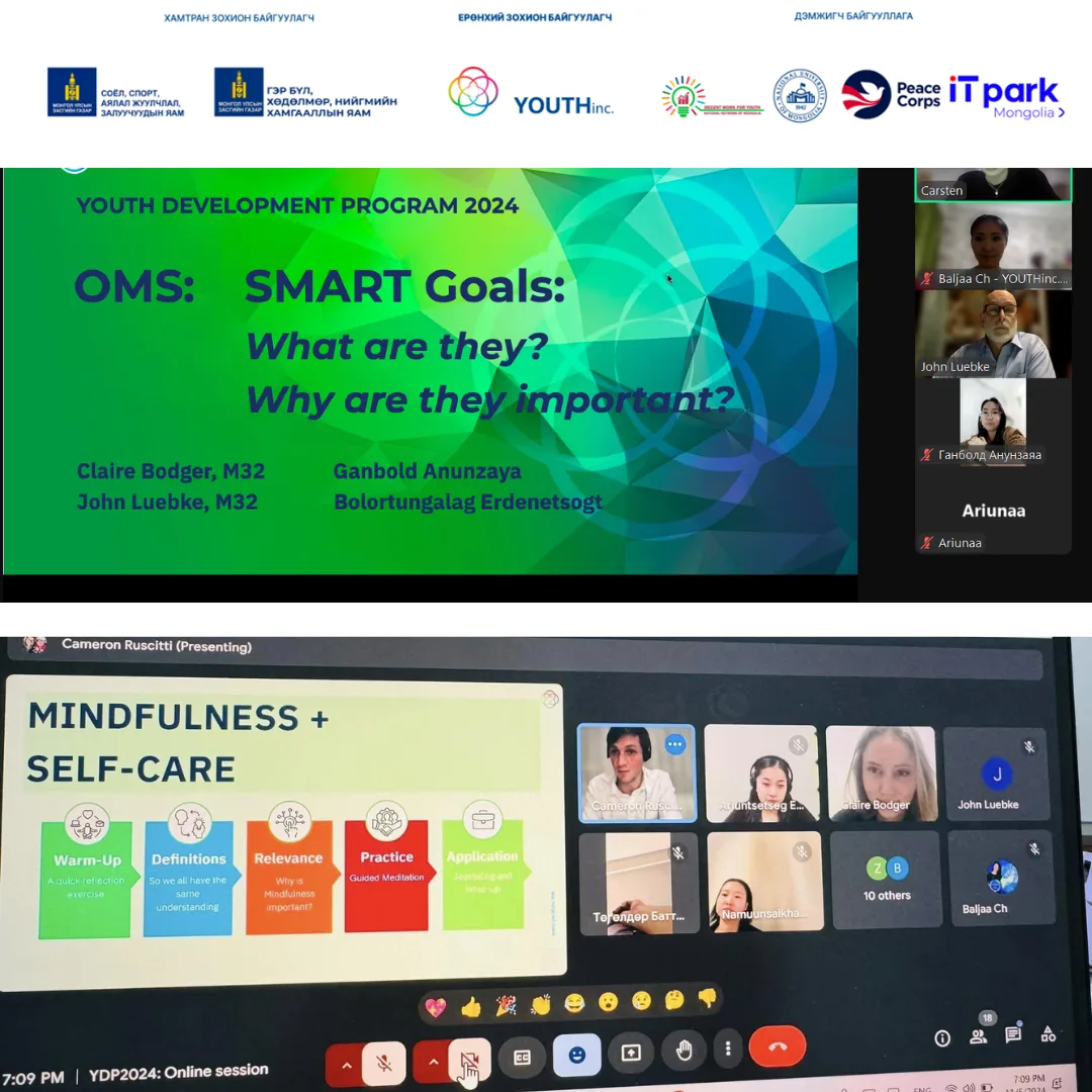 Online training slides on SMART goals and mindfulness, with participants on video call