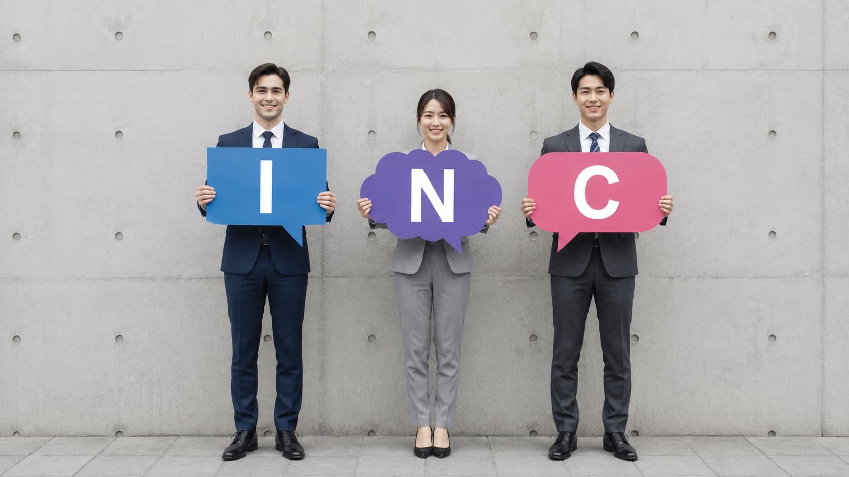 Three professionals holding up the letters I, N, C