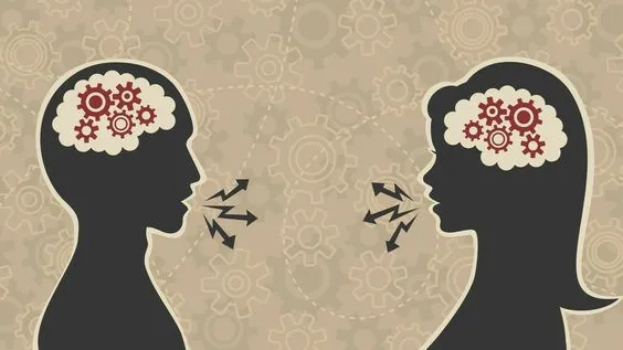 This may contain: two silhouettes facing each other with gears in their hair and arrows pointing to them